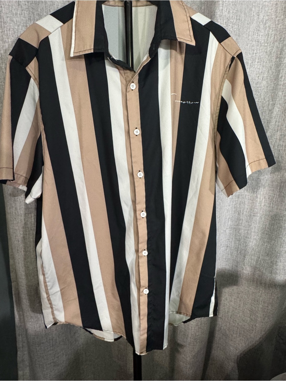SHEIN Beige Black White Vertical Stripe Short Sleeve Shirt